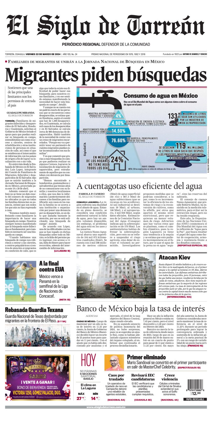 Edición impresa de El Siglo de Torreón, sábado 27 de abril de 2024