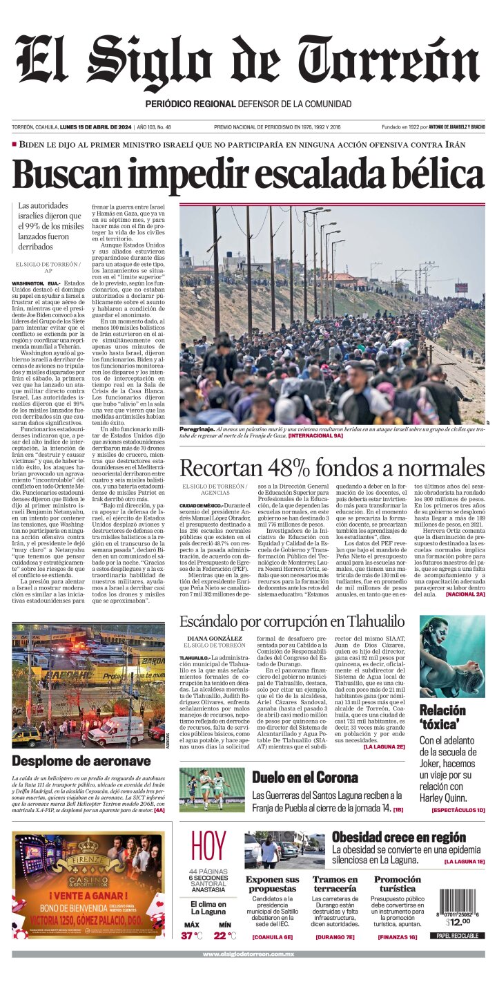 Edición impresa de El Siglo de Torreón, lunes 29 de abril de 2024