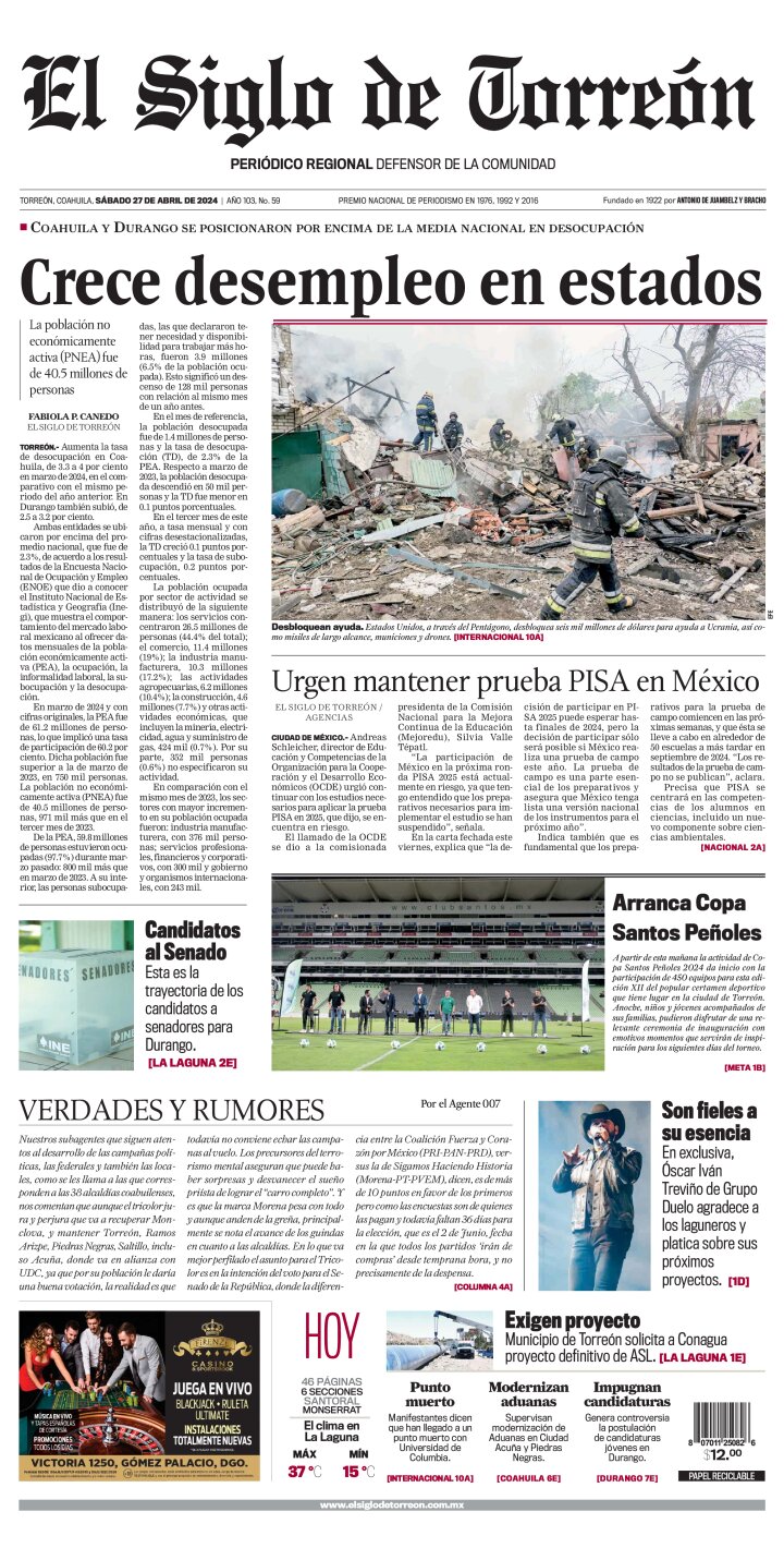 Edición impresa de El Siglo de Torreón, sábado 11 de mayo de 2024