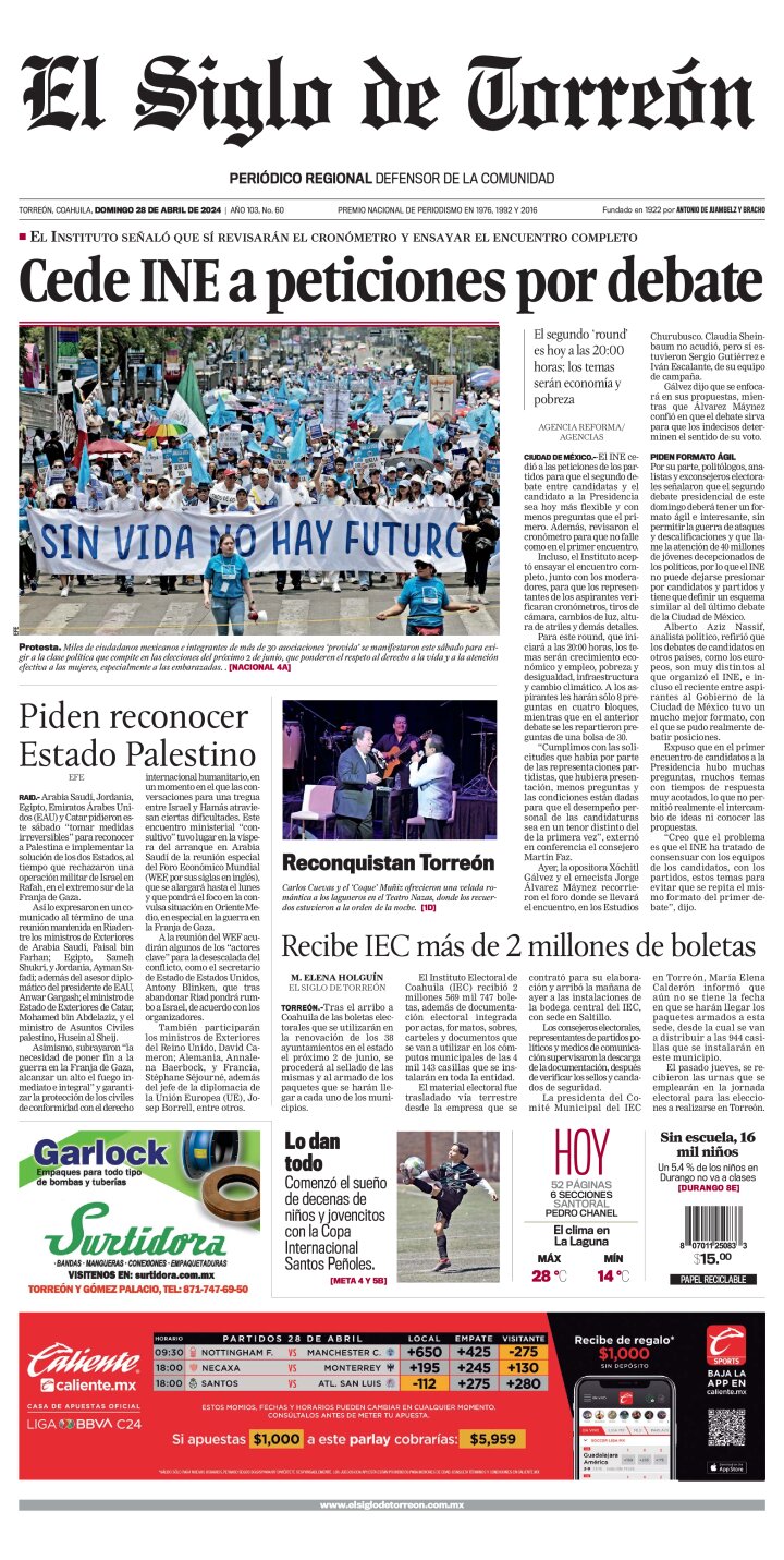Edición impresa de El Siglo de Torreón, lunes 13 de mayo de 2024