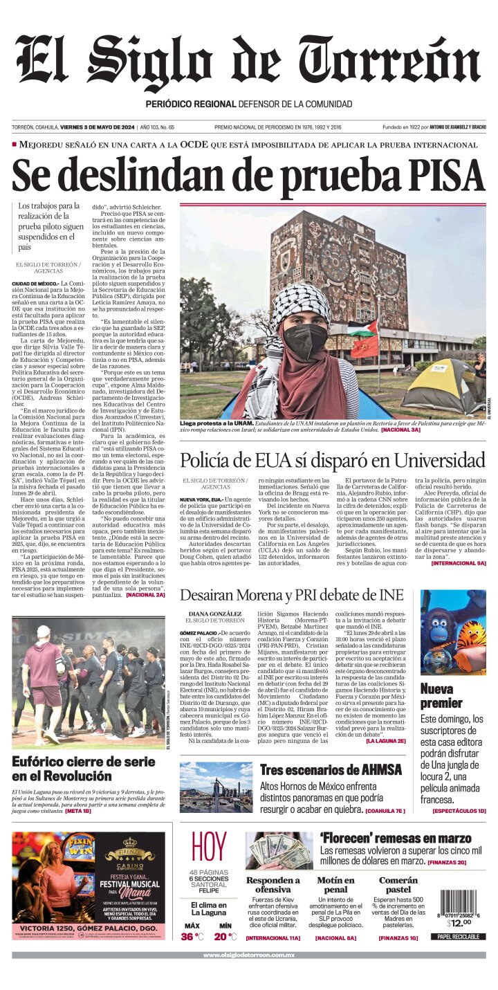 Edición impresa de El Siglo de Torreón, viernes 17 de mayo de 2024