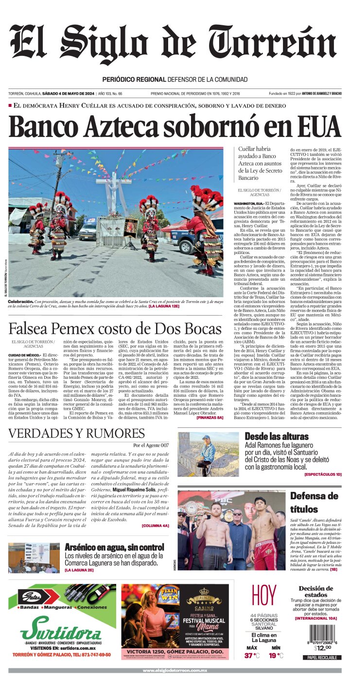Edición impresa de El Siglo de Torreón, sábado 18 de mayo de 2024