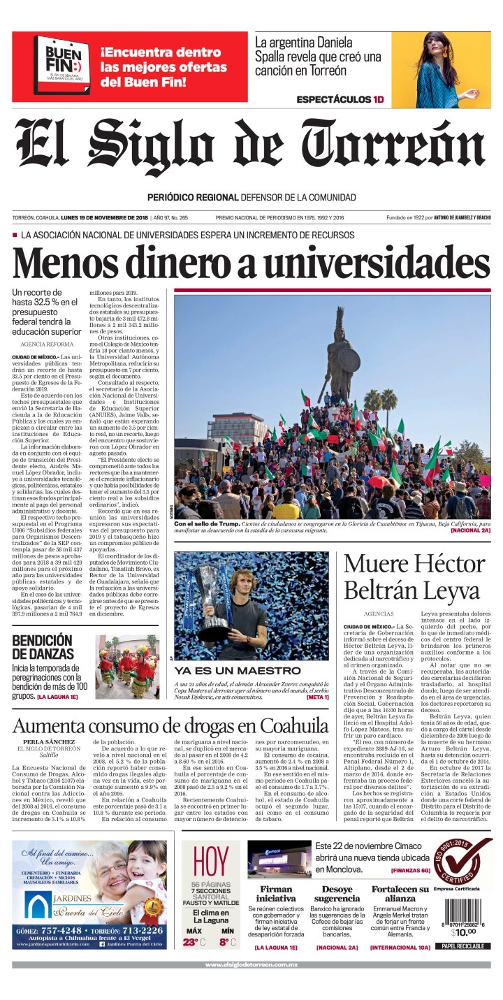 Edición impresa de El Siglo de Torreón, sábado 20 de abril de 2024