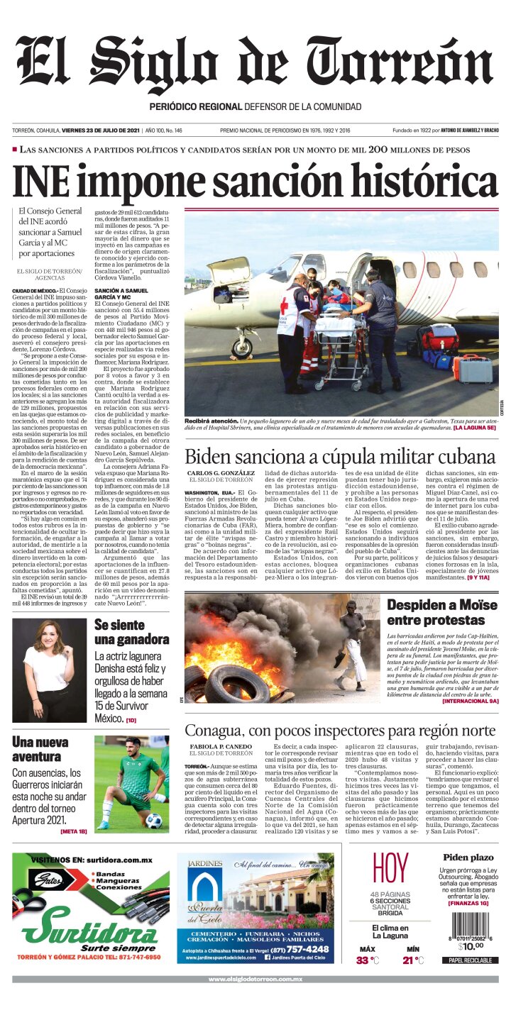 Edición impresa de El Siglo de Torreón, lunes 15 de abril de 2024