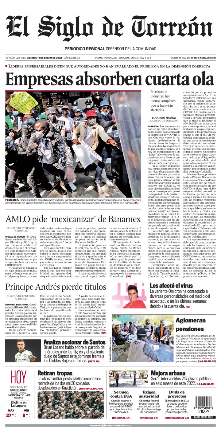 Edición impresa de El Siglo de Torreón, jueves 20 de enero de 2022