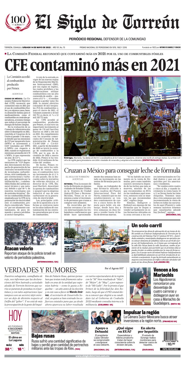Edición impresa de El Siglo de Torreón, viernes 27 de mayo de 2022
