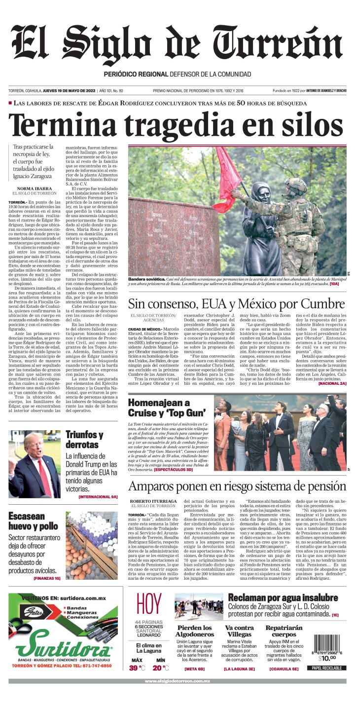Edición impresa de El Siglo de Torreón, domingo 26 de junio de 2022