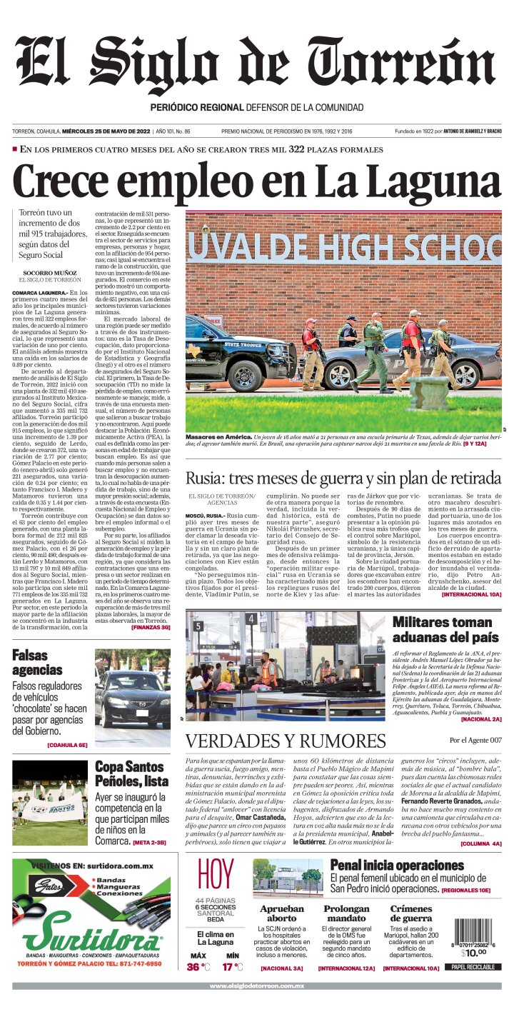 Edición impresa de El Siglo de Torreón, sábado  2 de julio de 2022