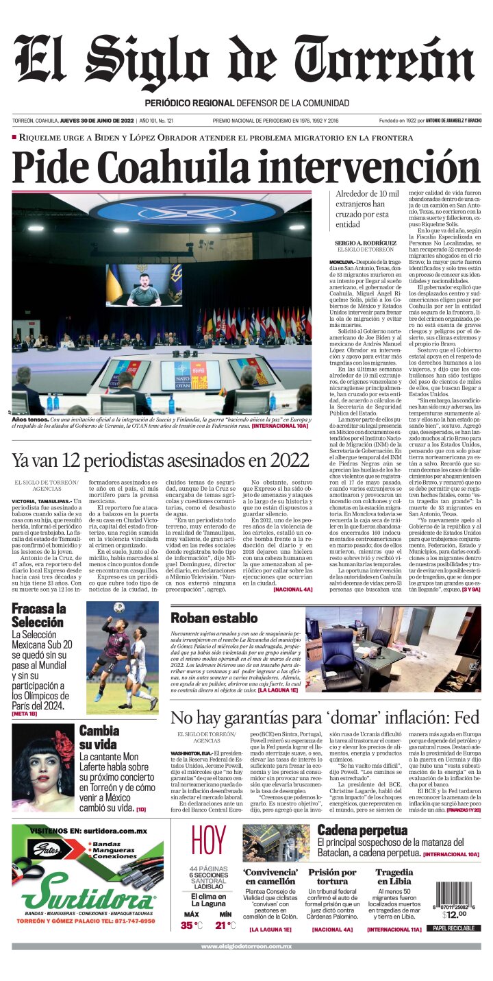 Edición impresa de El Siglo de Torreón, jueves 30 de junio de 2022