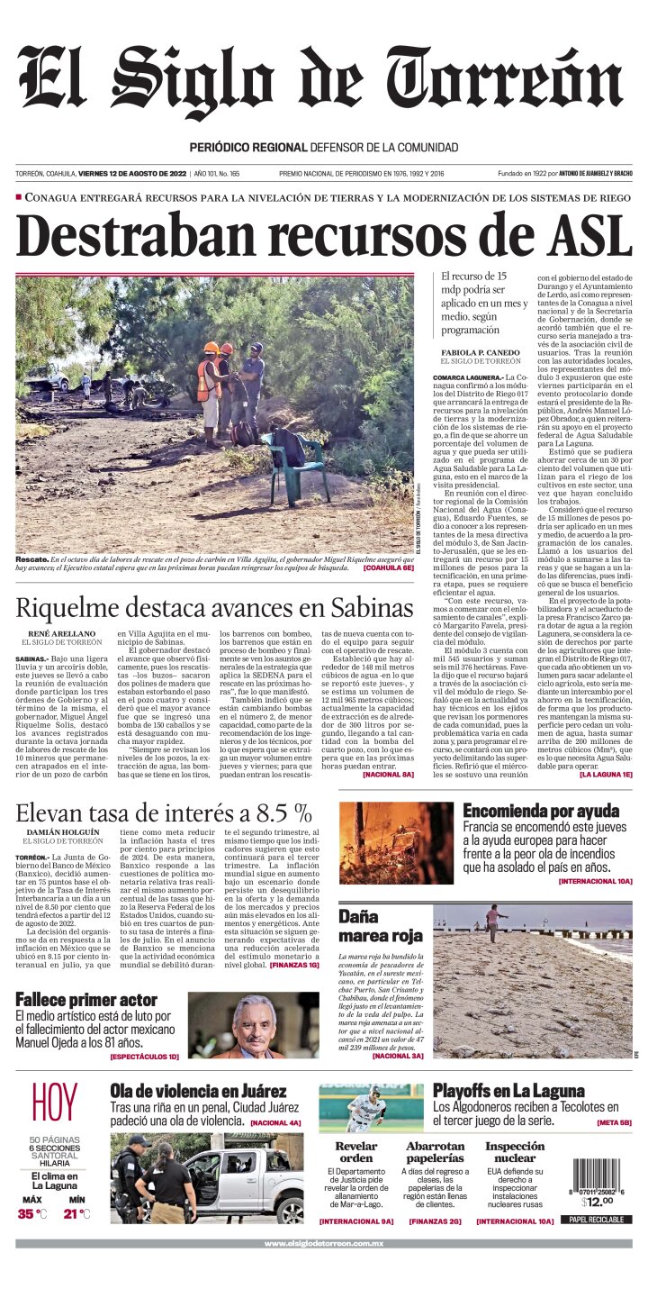 Edición impresa de El Siglo de Torreón, sábado 13 de agosto de 2022