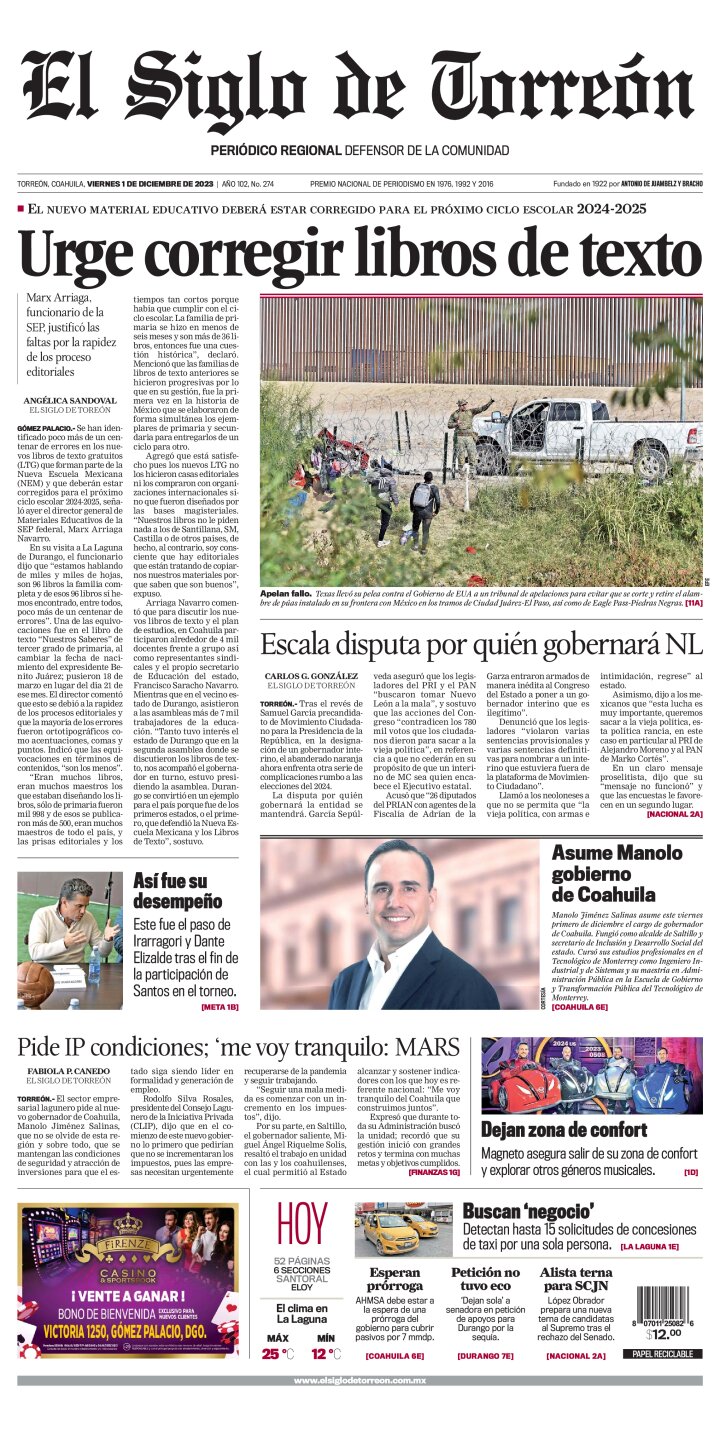 Edición impresa de El Siglo de Torreón, viernes  1 de diciembre de 2023