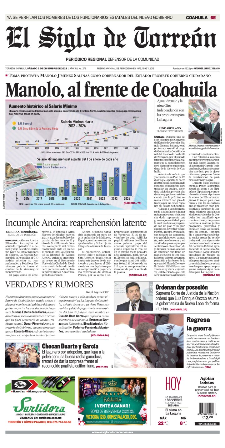 Edición impresa de El Siglo de Torreón, jueves 29 de febrero de 2024