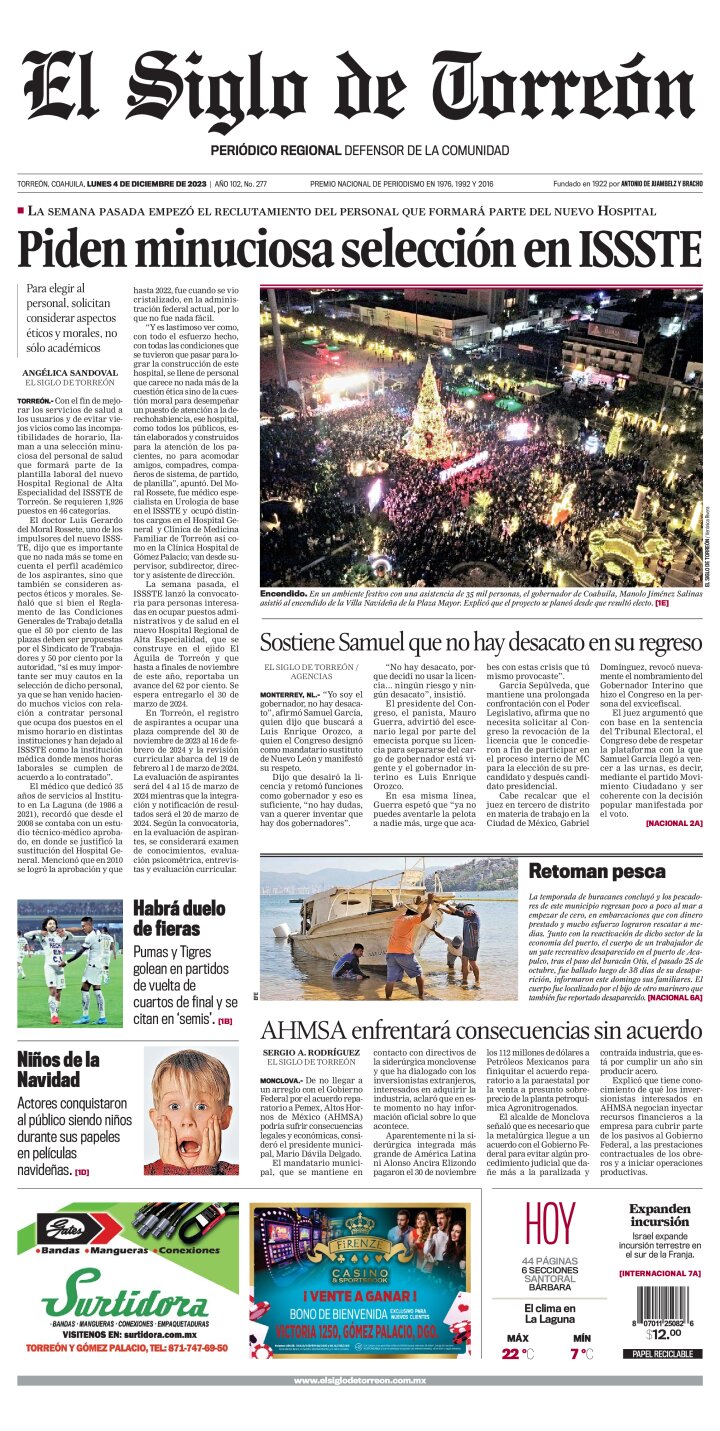 Edición impresa de El Siglo de Torreón, lunes  4 de diciembre de 2023