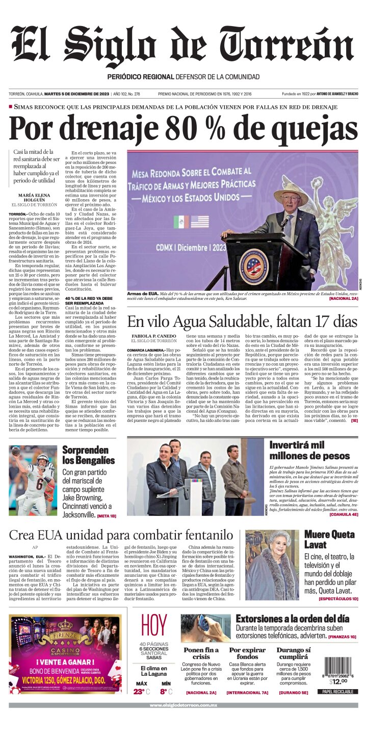 Edición impresa de El Siglo de Torreón, martes  5 de diciembre de 2023