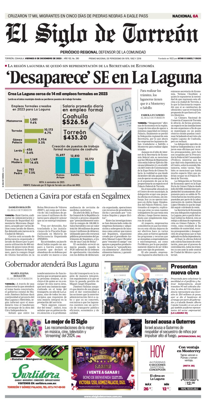 Edición impresa de El Siglo de Torreón, viernes  8 de diciembre de 2023