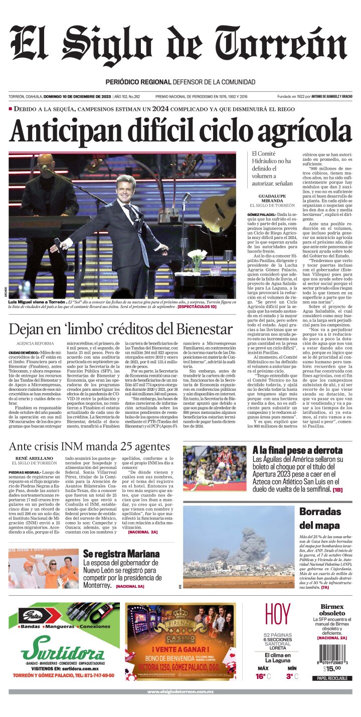 Edición impresa de El Siglo de Torreón, domingo 10 de diciembre de 2023