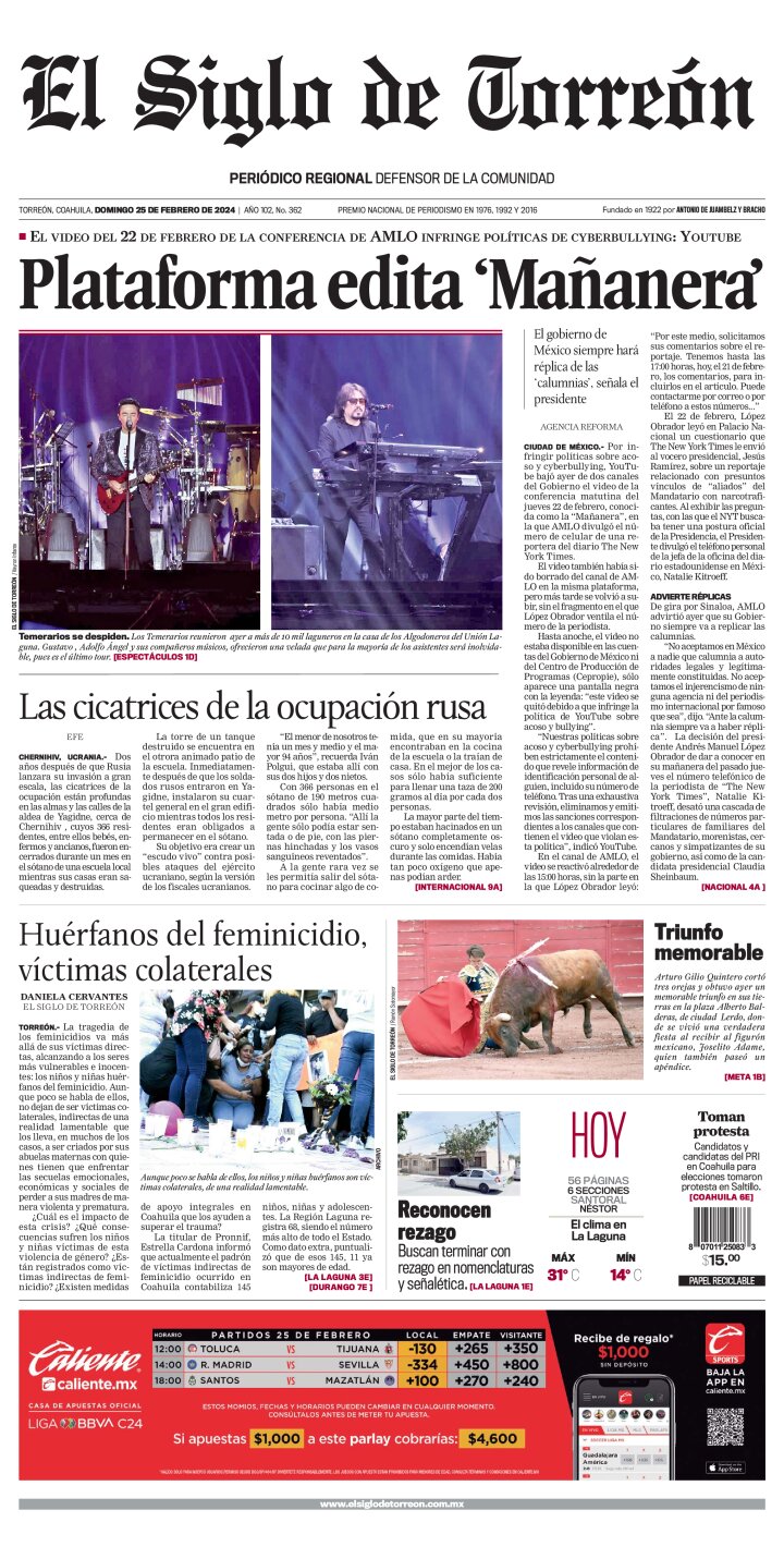Edición impresa de El Siglo de Torreón, domingo 25 de febrero de 2024