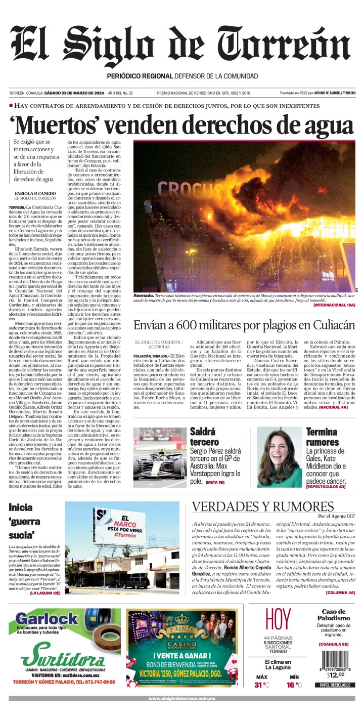Edición impresa de El Siglo de Torreón, sábado 27 de abril de 2024