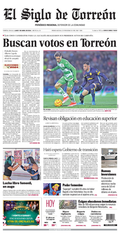 Edición impresa de El Siglo de Torreón, lunes 14 de julio de 2025