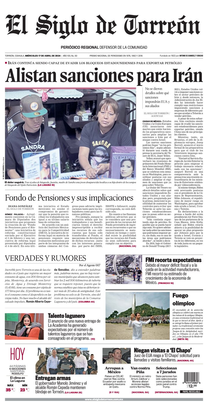 Edición impresa de El Siglo de Torreón, jueves 18 de abril de 2024