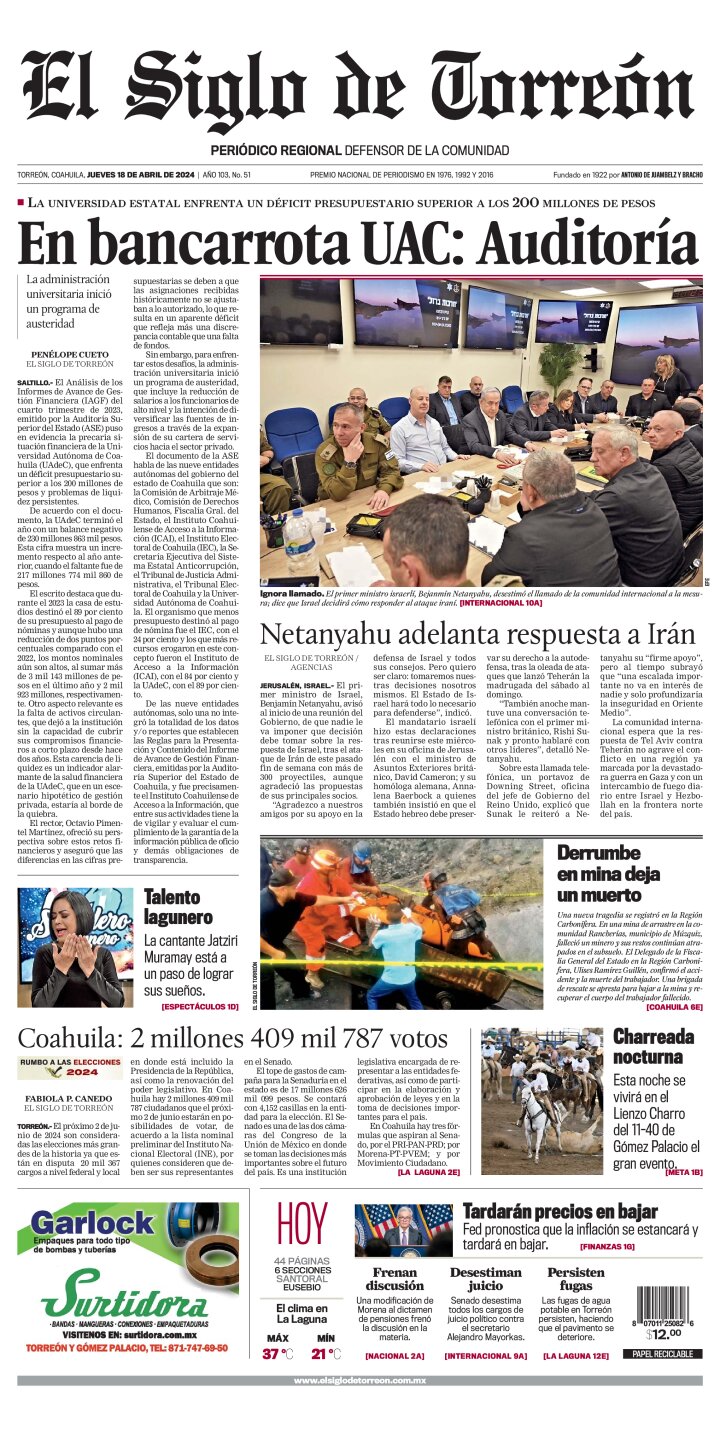Edición impresa de El Siglo de Torreón, miércoles  1 de mayo de 2024
