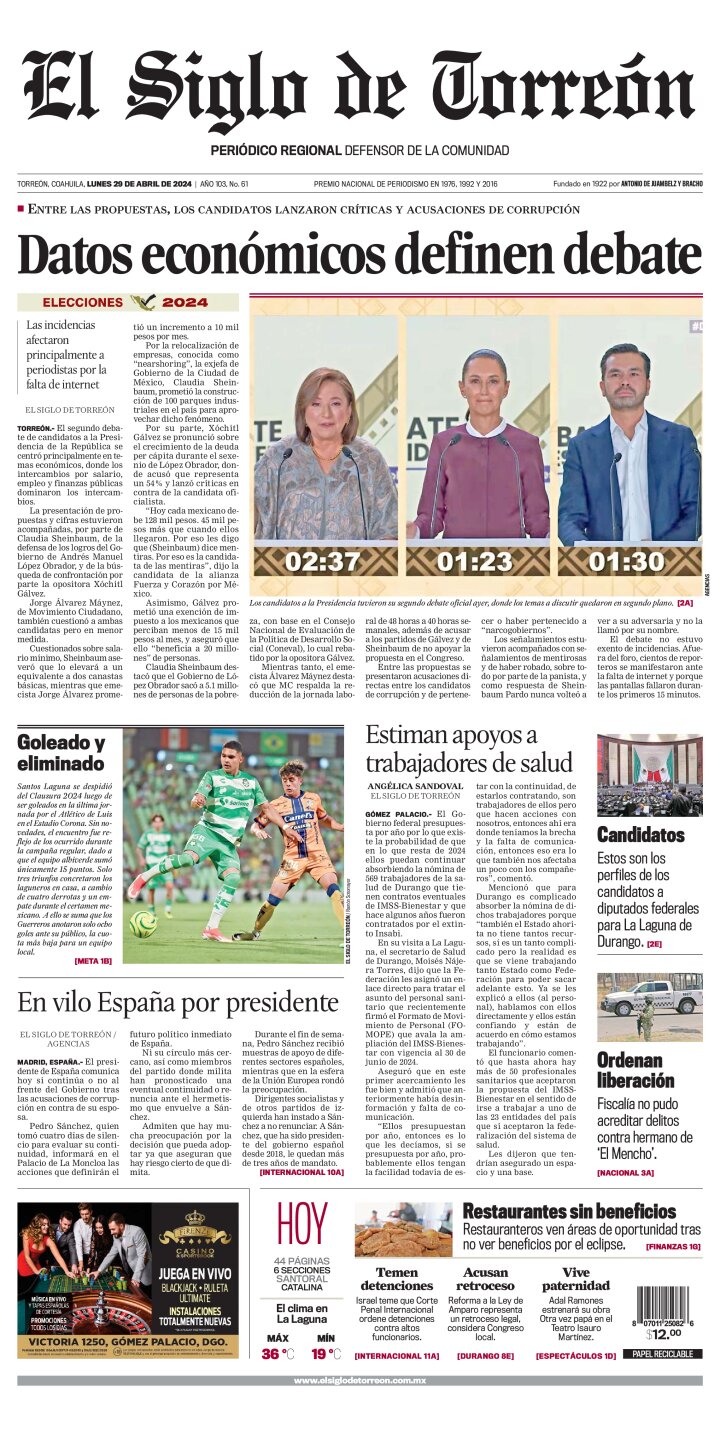 Edición impresa de El Siglo de Torreón, lunes 20 de mayo de 2024