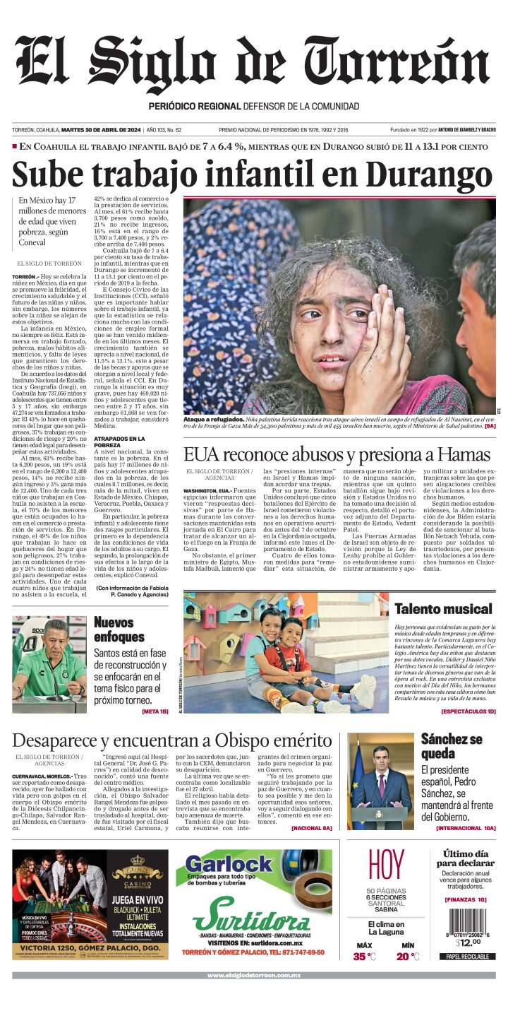 Edición impresa de El Siglo de Torreón, lunes  3 de junio de 2024