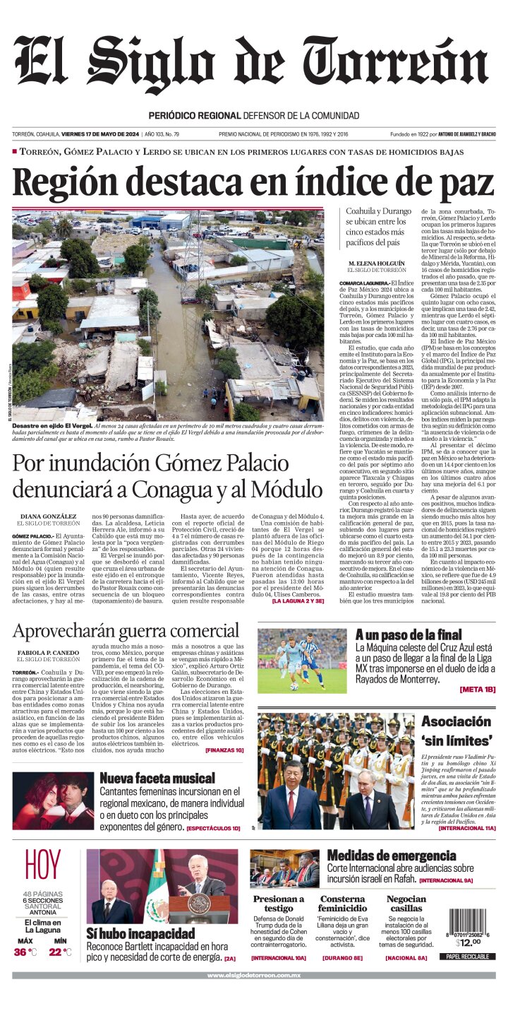 Edición impresa de El Siglo de Torreón, sábado 18 de mayo de 2024