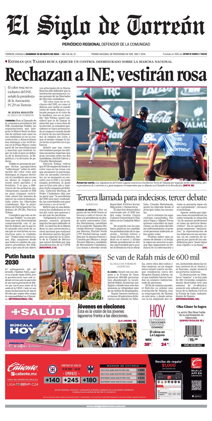 Edición impresa de El Siglo de Torreón, lunes 20 de mayo de 2024