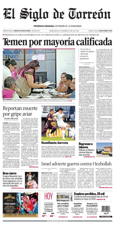 Edición impresa de El Siglo de Torreón, lunes 14 de julio de 2025