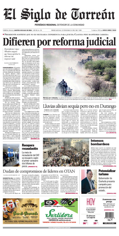 Edición impresa de El Siglo de Torreón, lunes 14 de julio de 2025