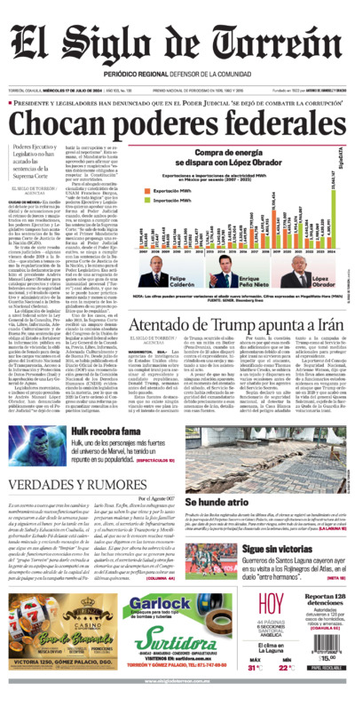 Edición impresa de El Siglo de Torreón, viernes 18 de julio de 2025