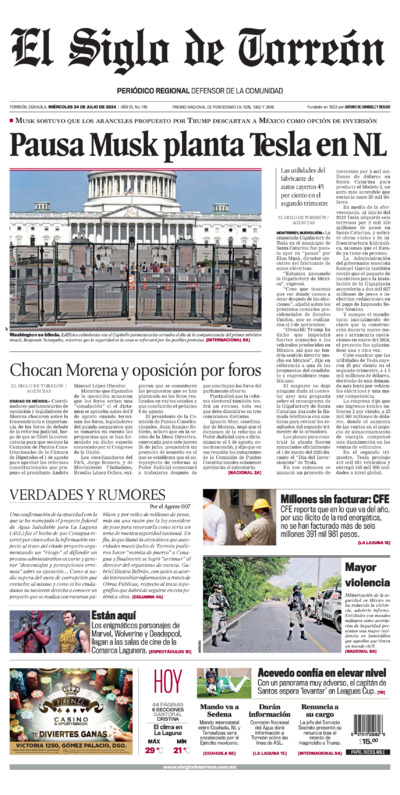 Edición impresa de El Siglo de Torreón, viernes 18 de julio de 2025