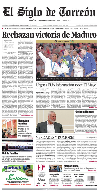 Edición impresa de El Siglo de Torreón, sábado  5 de julio de 2025