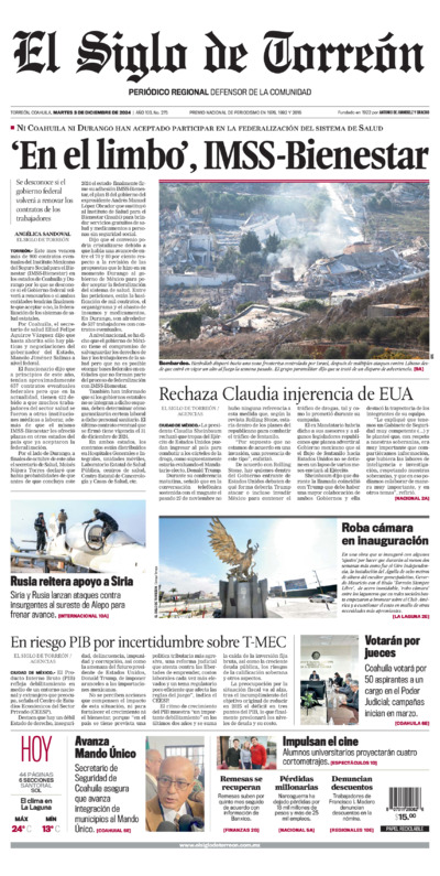 Edición impresa de El Siglo de Torreón, jueves  3 de julio de 2025