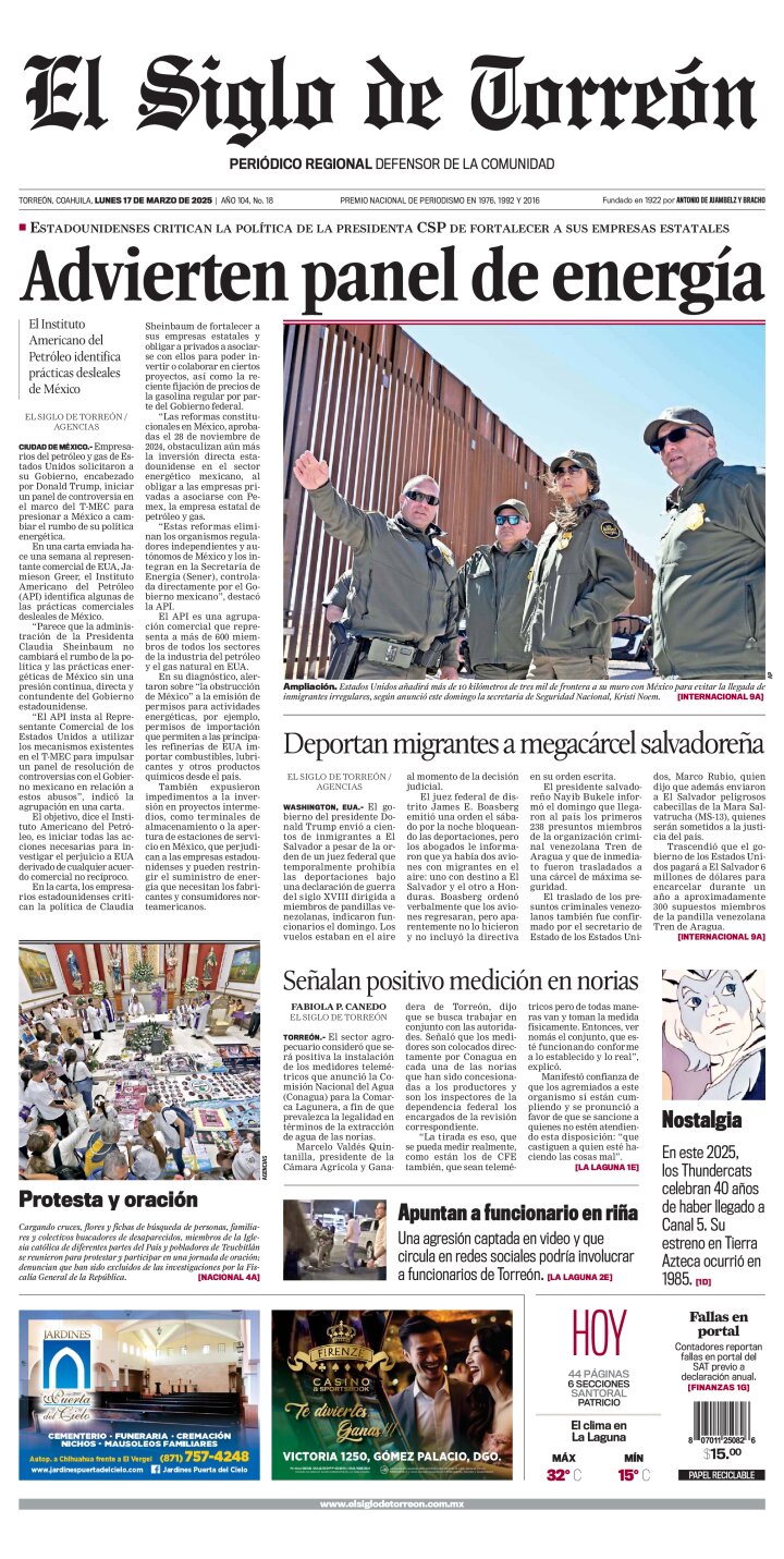 Edición impresa de El Siglo de Torreón, lunes 17 de marzo de 2025
