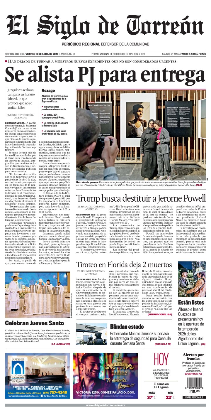 Edición impresa de El Siglo de Torreón, viernes 18 de abril de 2025