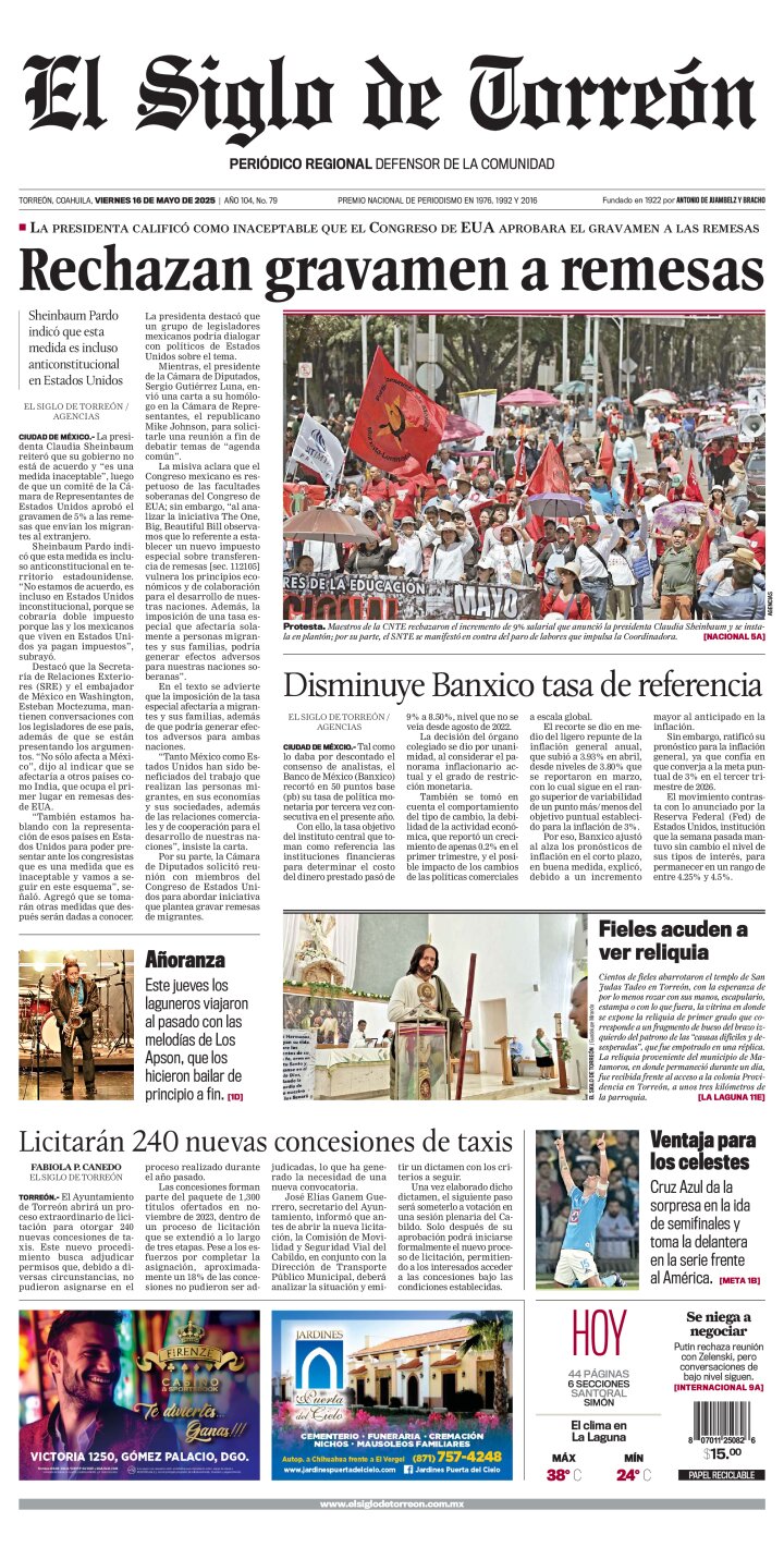 Edición impresa de El Siglo de Torreón, viernes 16 de mayo de 2025