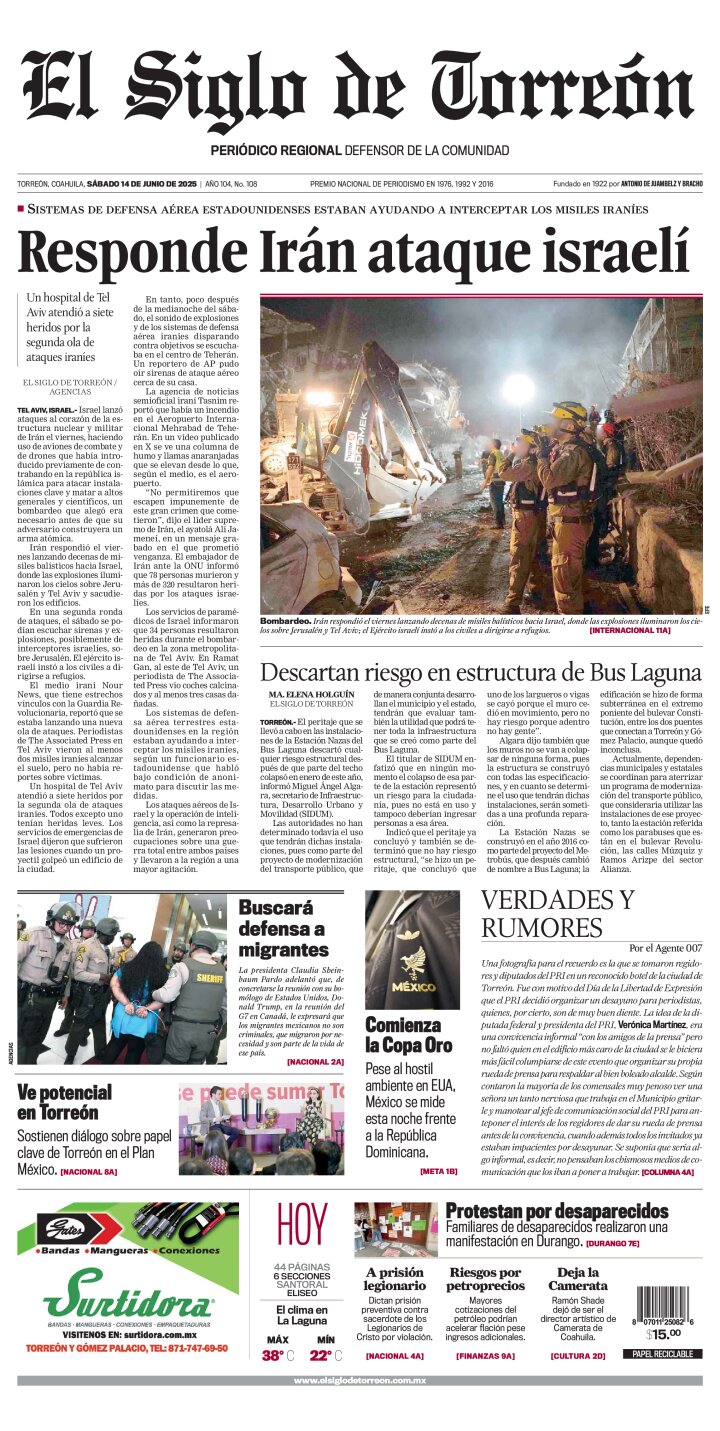 Edición impresa de El Siglo de Torreón, sábado 14 de junio de 2025