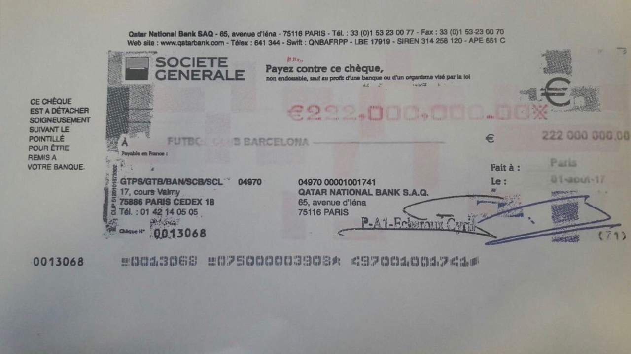 Abogado de Neymar enmarca el cheque de los 222 millones. Noticias en tiempo real