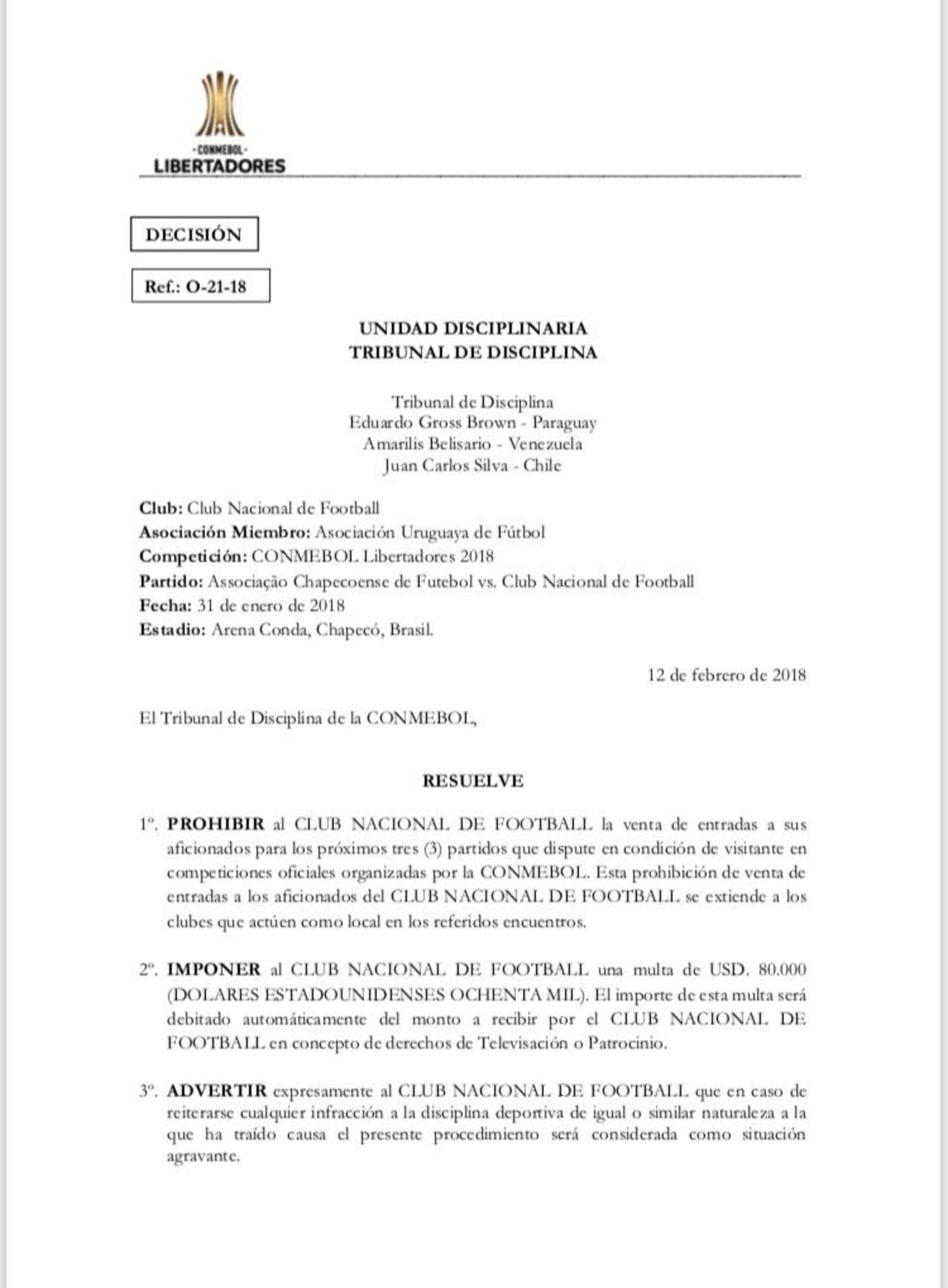 Conmebol multa al Nacional por burlas sobre caso Chapecoense. Noticias en tiempo real
