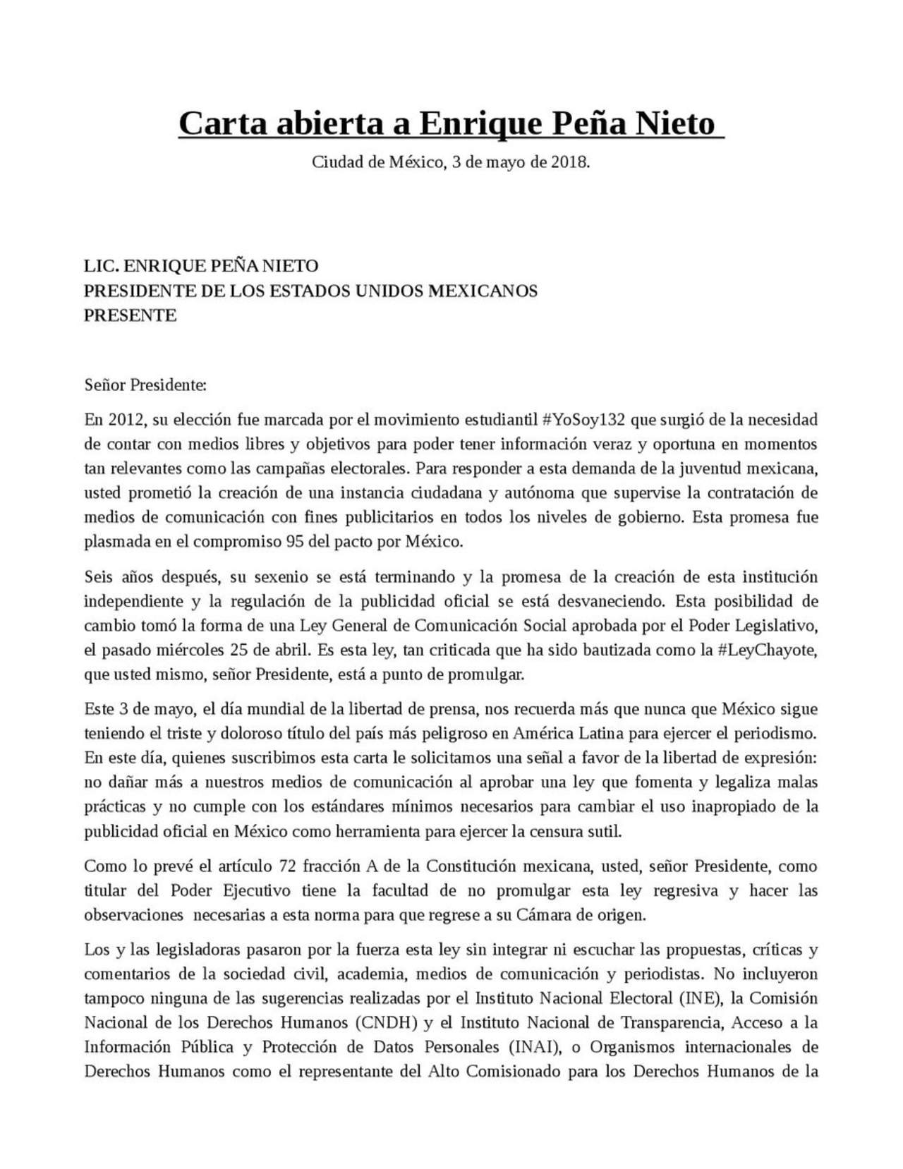 En Día de la Libertad de Prensa, piden a EPN no promulgar Ley Chayote. Noticias en tiempo real