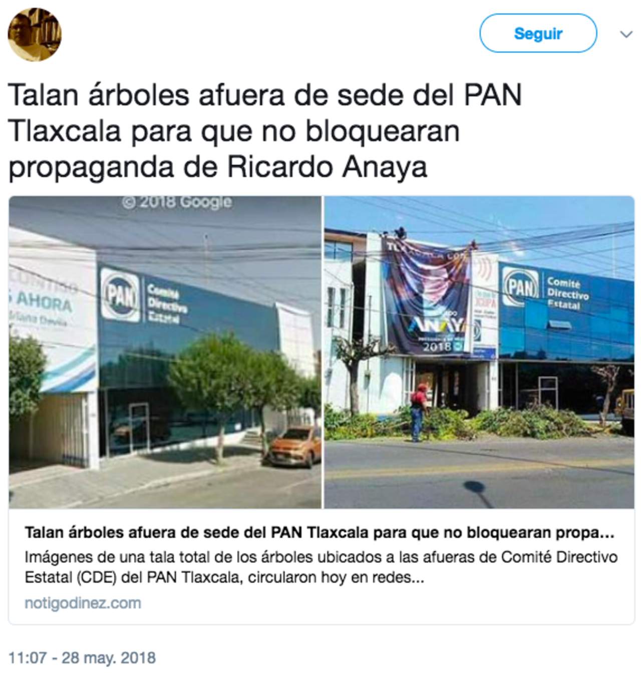 Sí podaron árboles frente al PAN de Tlaxcala, pero no fue ese partido sino el Municipio priista. Noticias en tiempo real