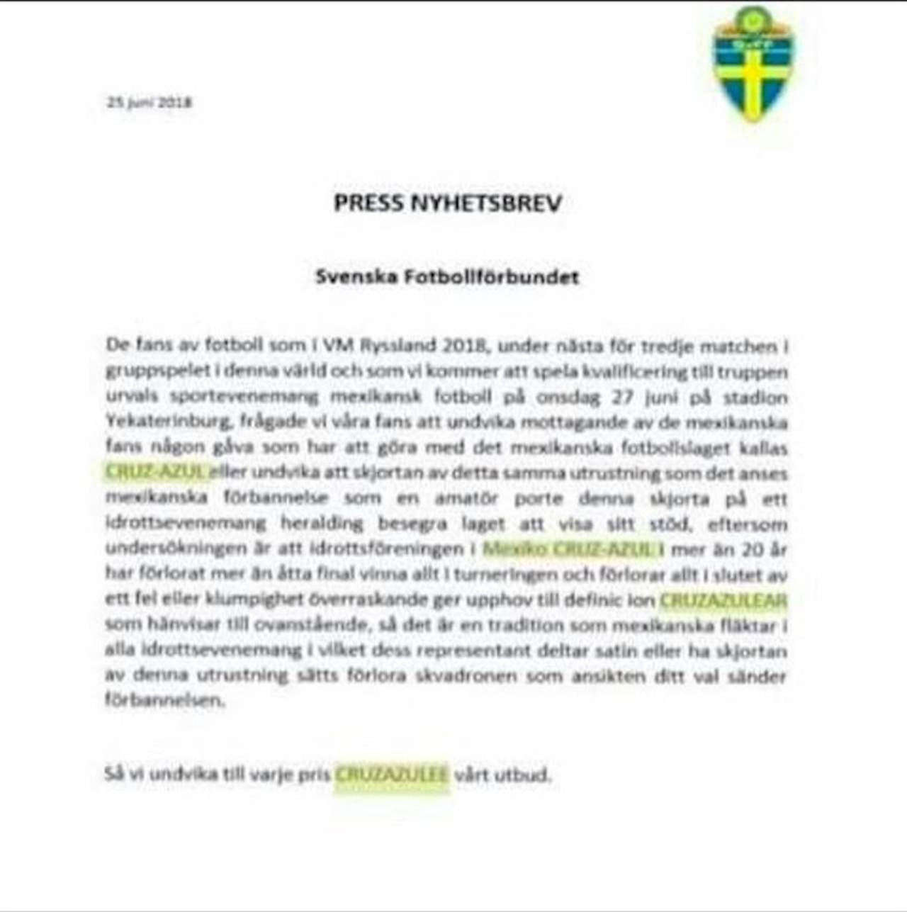 Falso, comunicado que prohíbe a suecos usar playera de Cruz Azul. Noticias en tiempo real
