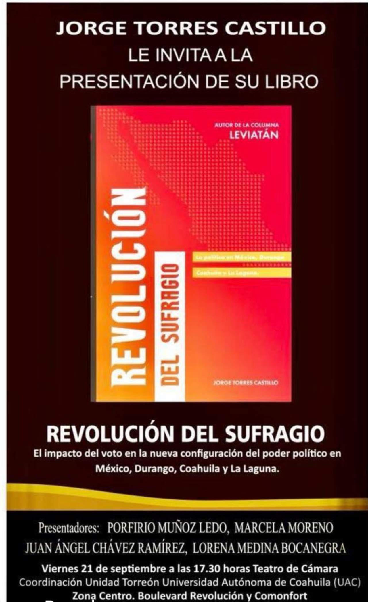 Presentarán libro Revolución del Sufragio de Jorge Torres Castillo. Noticias en tiempo real
