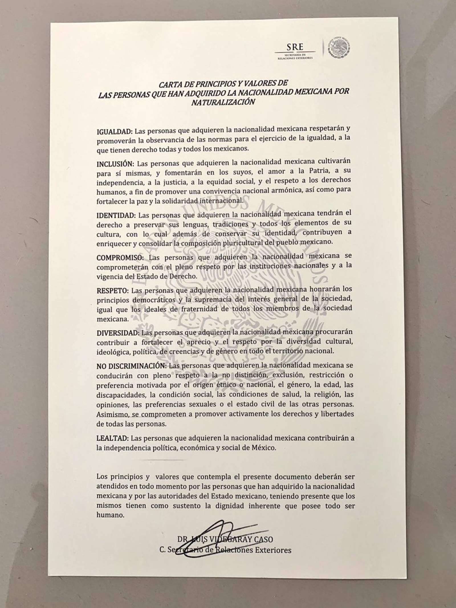 Videgaray entrega carta de naturalización a persona 