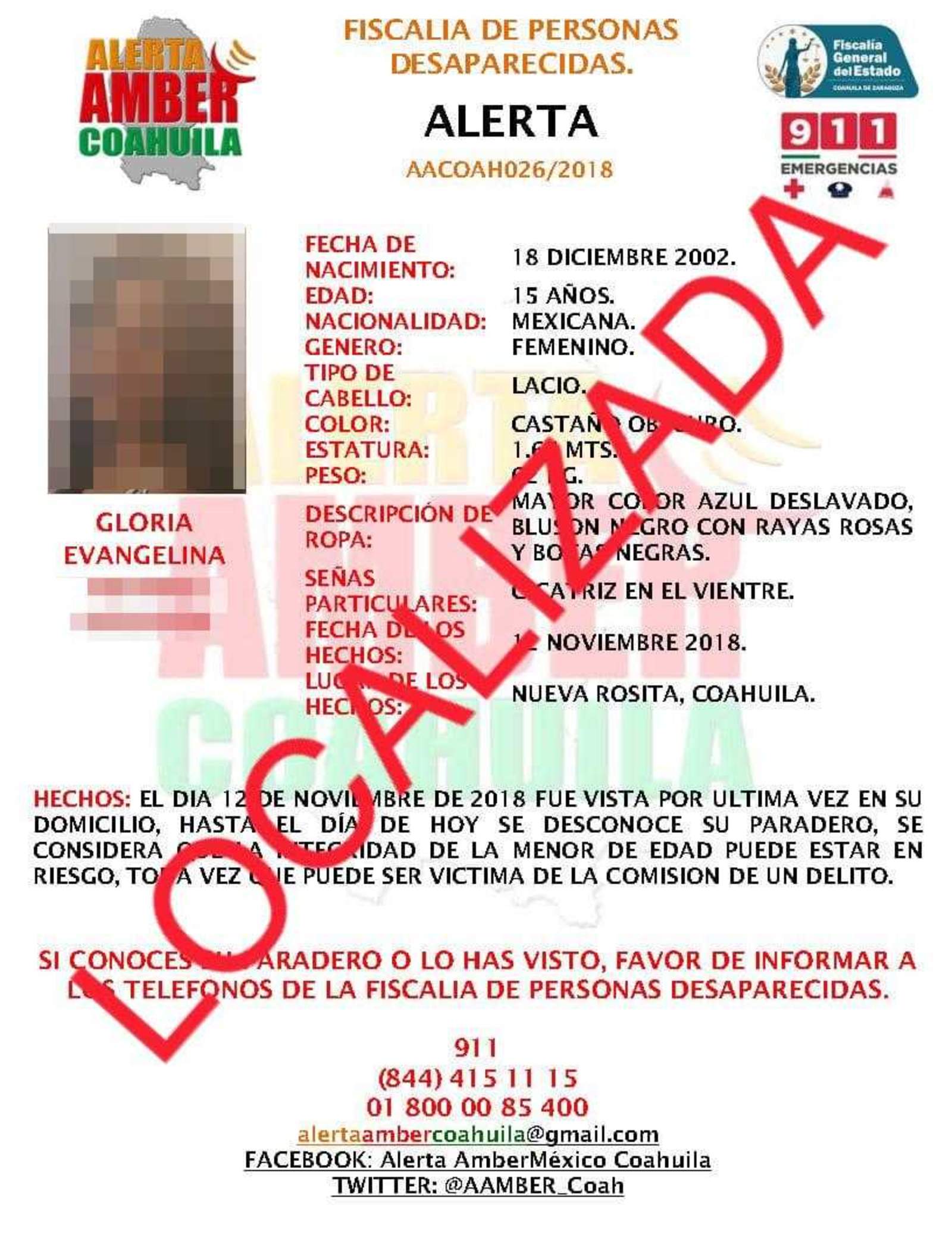 Localizan a menor desaparecida en Nueva Rosita. Noticias en tiempo real