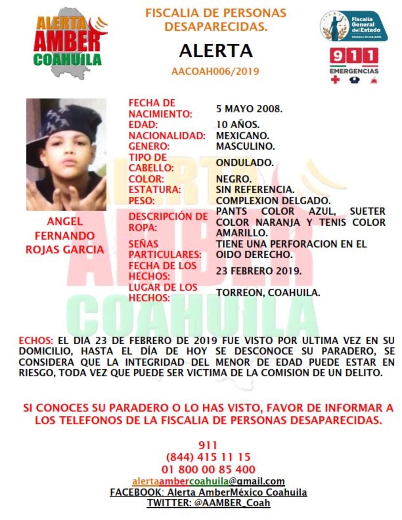 Activan Alerta Amber por menor desaparecido en Torreón. Noticias en tiempo real