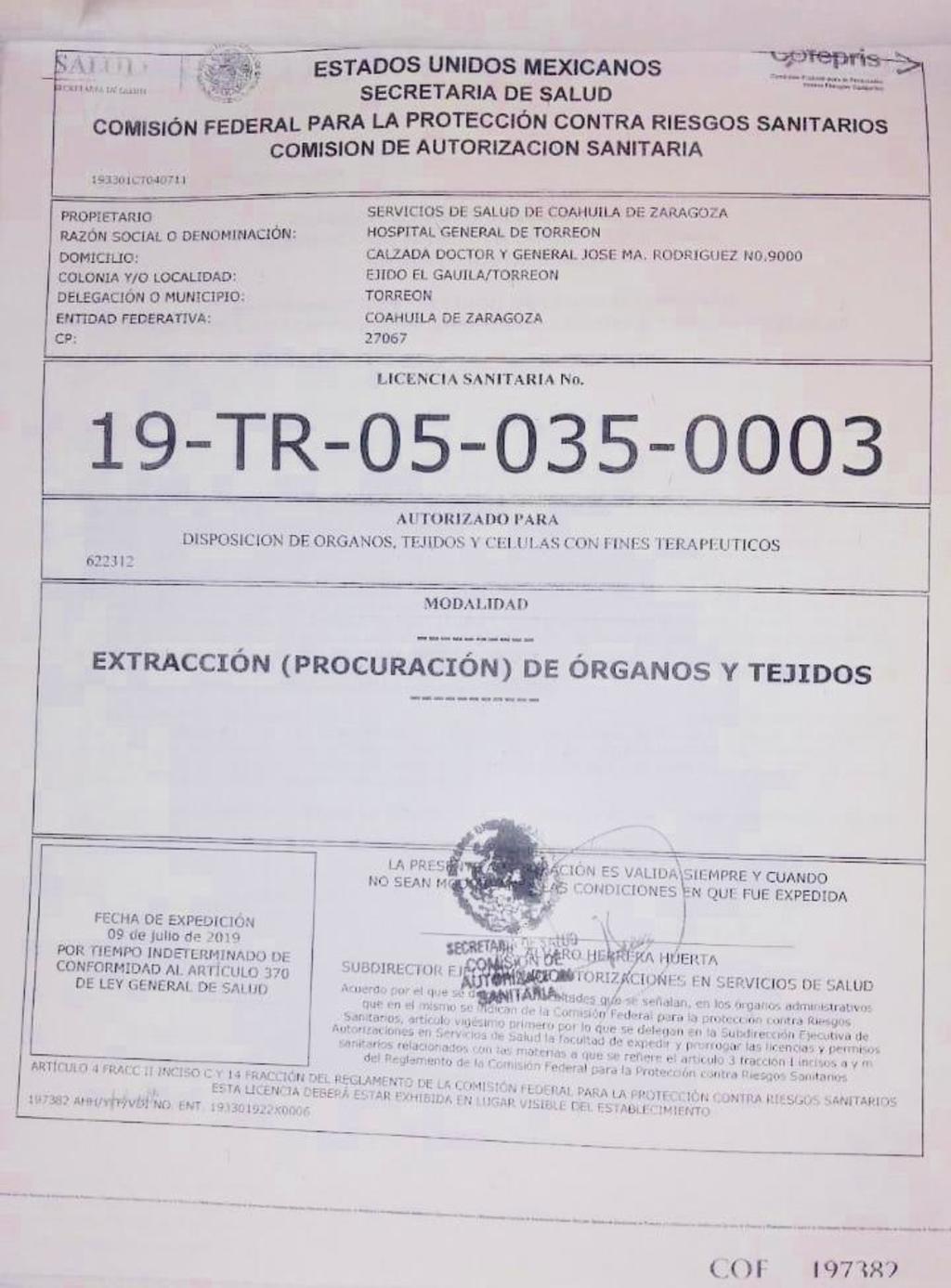 Hospital General de Torreón con licencia para procurar órganos. Noticias en tiempo real