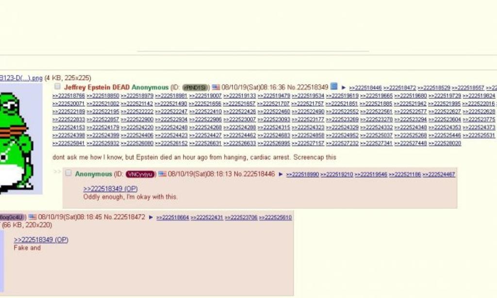 La muerte de Epstein se supo primero por el foro 4chan. Noticias en tiempo real